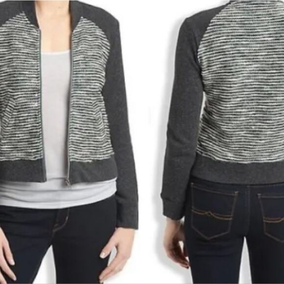 Lucky Brand Zip Up Raglan Bomber Mixed Knit Boyfriend Sweater Jacket Size Medium - Picture 2 of 7